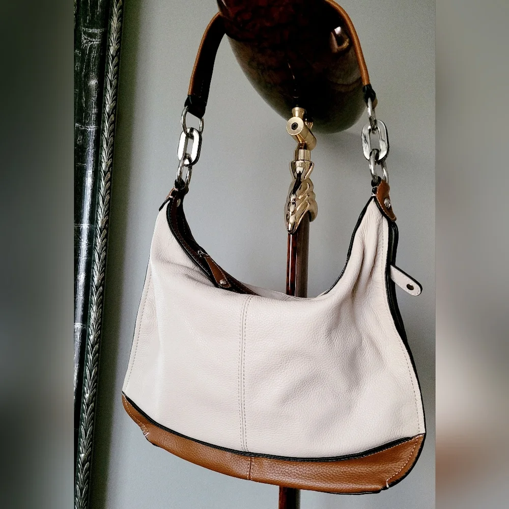 Tignanello Hobo 100% Genuine Leather Shoulder Bag Large Cream/Cognac 14